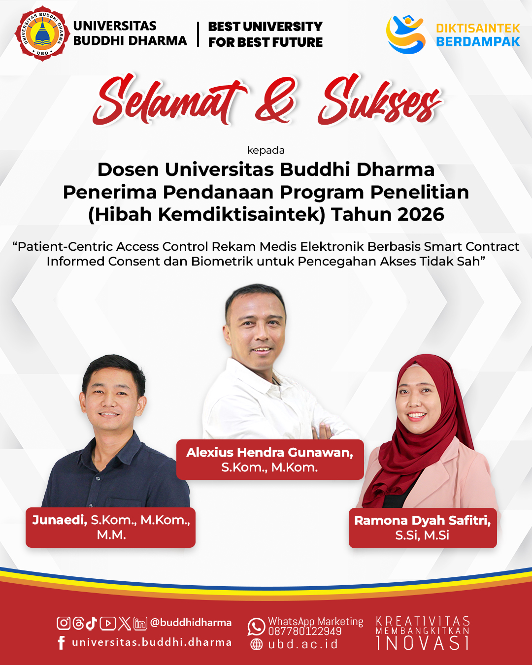 Dosen Penerima Pendanaan Program Penelitian Hibah Kemdiktisaintek Tahun 2026 Tim 1