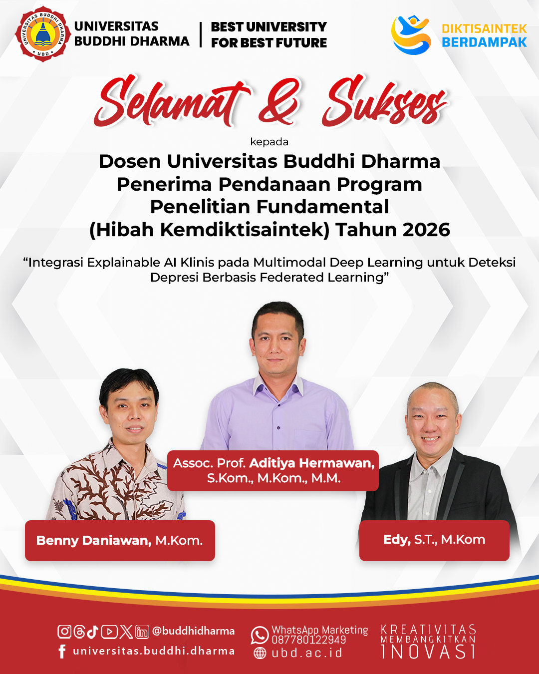 Dosen Penerima Pendanaan Program Penelitian Fundamental Hibah Kemdiktisaintek Tahun 2026 Tim 1